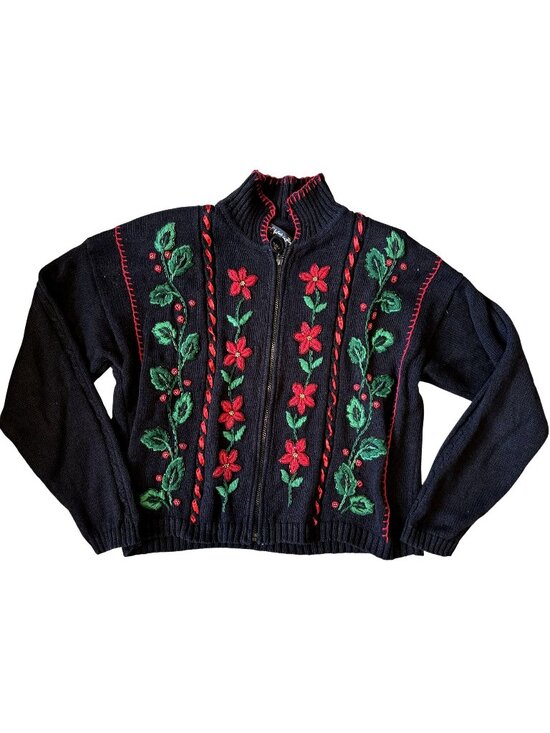 Work In Progress Sweaters - Work In Progress Christmas Sweater Poinsettia Black Embroidered Cardigan XL Zip